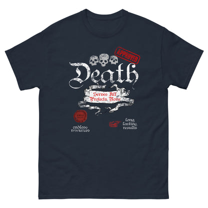 Death-themed graphic T-shirt, dark navy, front skull and Death typography print.
