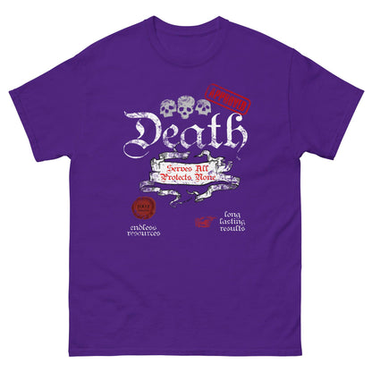 Death-themed graphic T-shirt, purple, small back chest logo graphic.