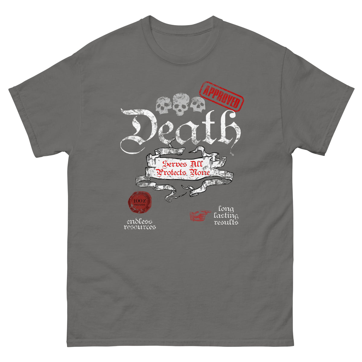 Death-themed graphic T-shirt, charcoal gray, front skull banner and Death typography.