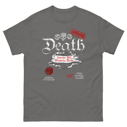 Death-themed graphic T-shirt, charcoal gray, front skull banner and Death typography.
