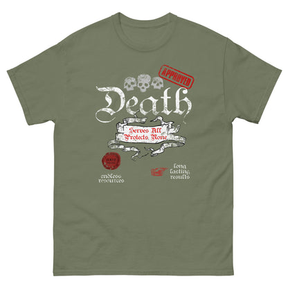 Death-themed graphic T-shirt, military green, front skull banner and Death typography.