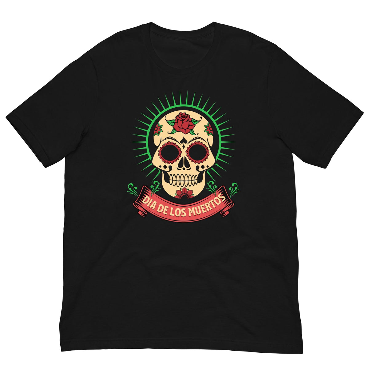 Black Day of the Dead graphic T-shirt with skull and ribbon logo