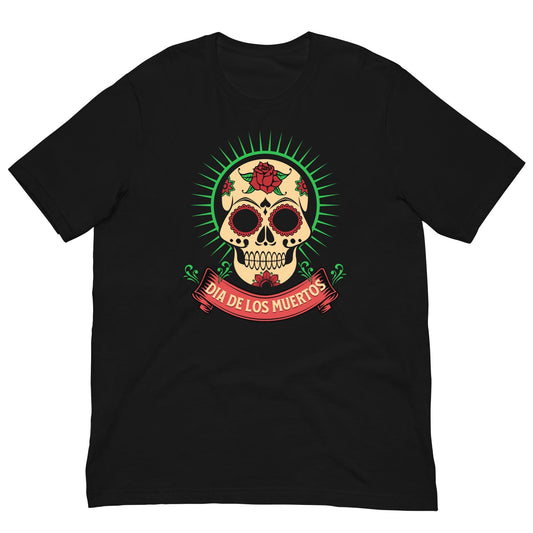Black Day of the Dead graphic T-shirt with skull and ribbon logo