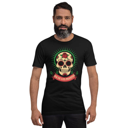 Black Day of the Dead T-shirt with skull face graphic and green halo