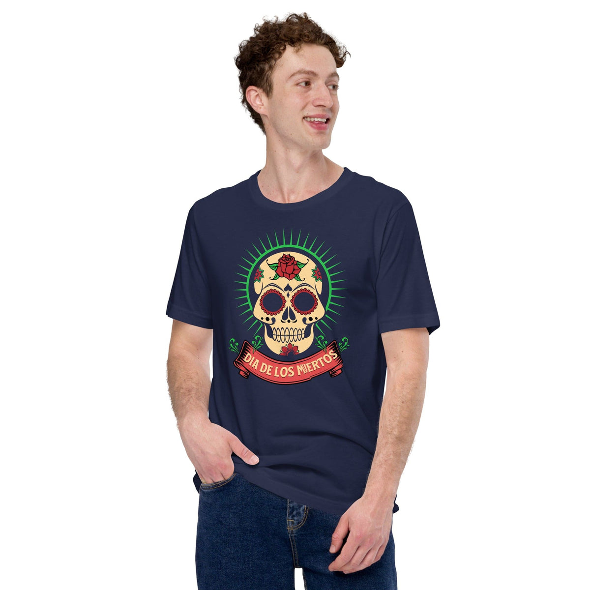 Navy Day of the Dead T-shirt with skull and ribbon chest print
