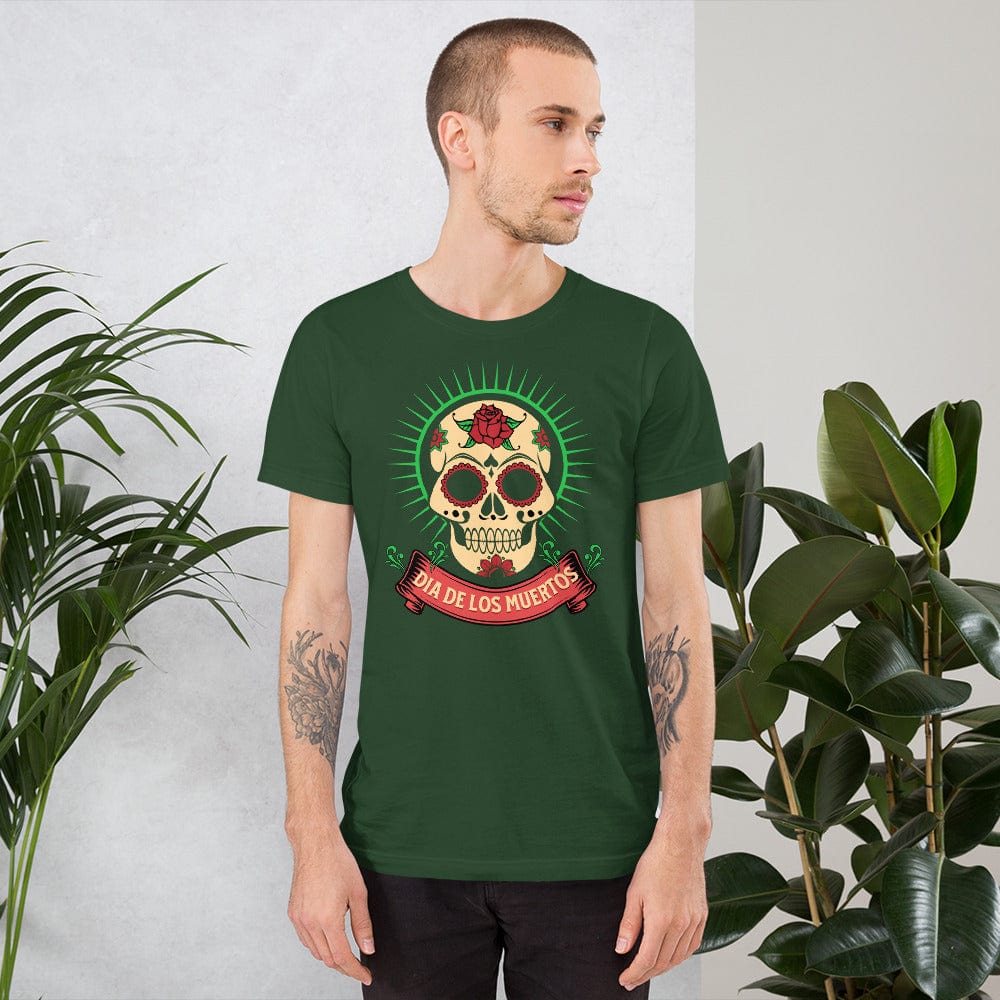 Forest green Day of the Dead T-shirt with skull graphic on front