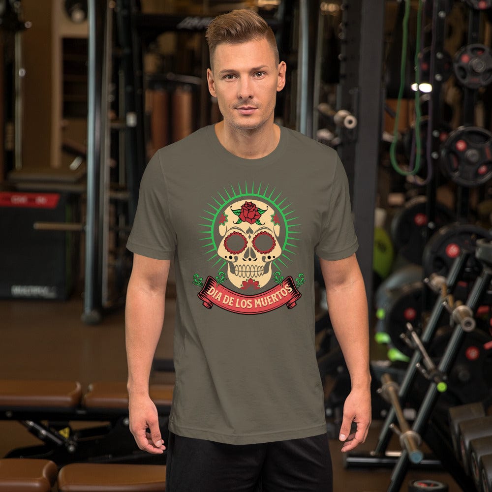 Army green Day of the Dead T-shirt with centered skull print