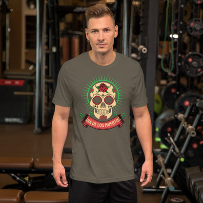 Army green Day of the Dead T-shirt with centered skull print