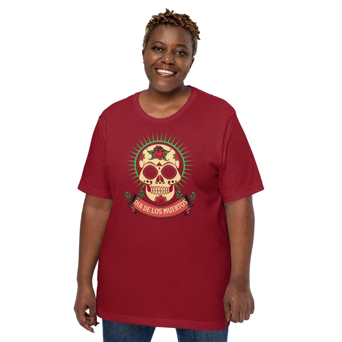 Cardinal red Day of the Dead T-shirt with skull and ribbon chest design