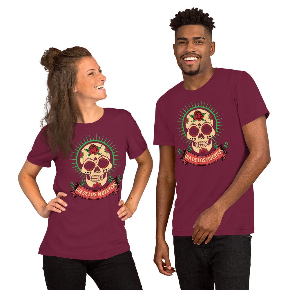 Maroon Day of the Dead T-shirt with centered skull graphic and ribbon
