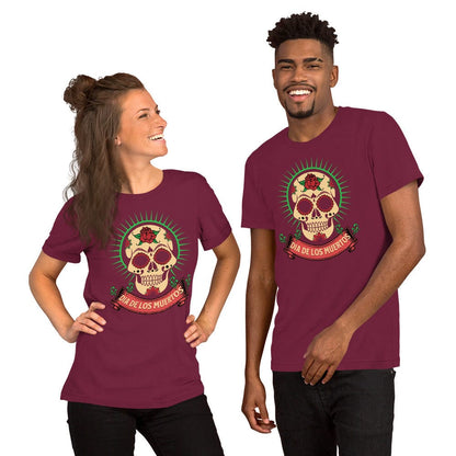 Maroon Day of the Dead T-shirt with centered skull graphic and ribbon