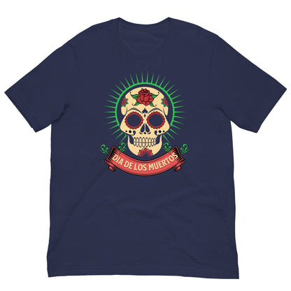 Day of the Dead T-shirt, navy with colorful skull graphic and text