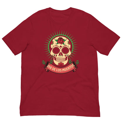 Cardinal red Day of the Dead T-shirt with centered skull graphic on front