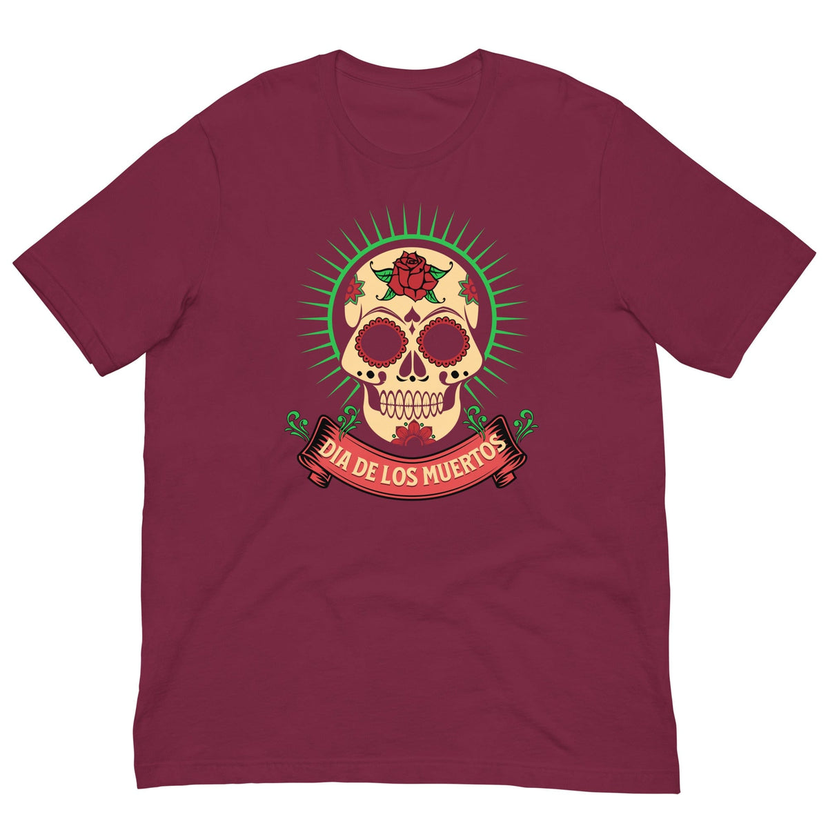 Day of the Dead T-shirt, maroon with colorful skull graphic and text