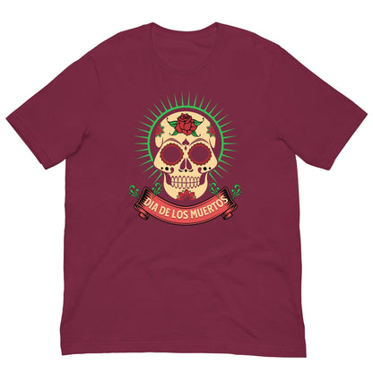 Day of the Dead T-shirt, maroon with colorful skull graphic and text