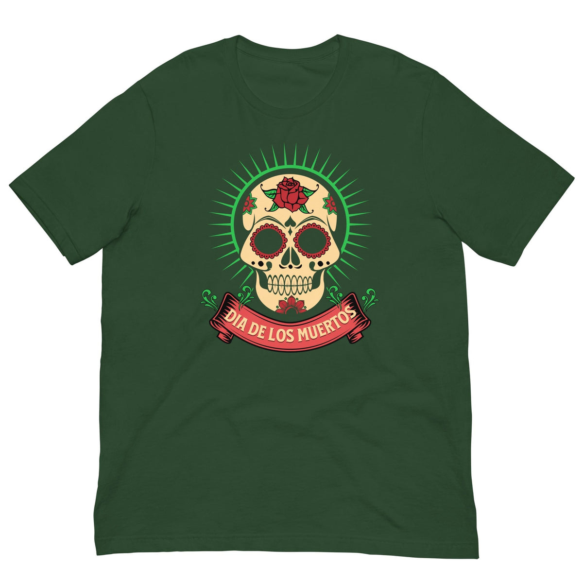Forest green Day of the Dead graphic T-shirt with skull and ribbon print