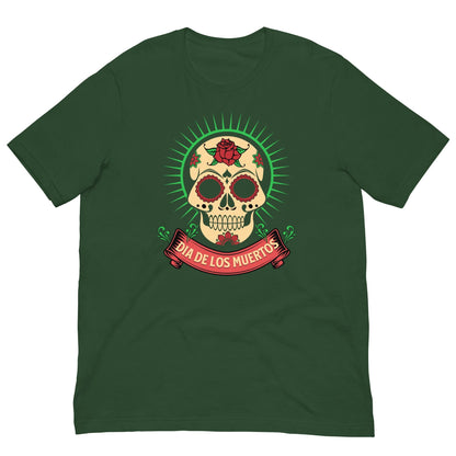 Forest green Day of the Dead graphic T-shirt with skull and ribbon print