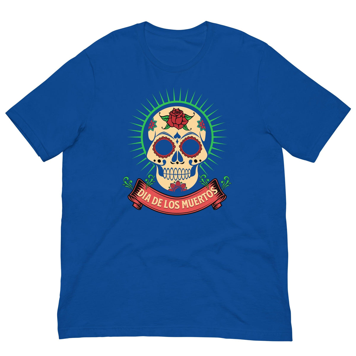 Day of the Dead T-shirt, blue with colorful skull graphic and text