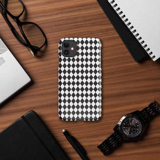 Black-and-white diamond checkered snap phone case with camera cutouts.