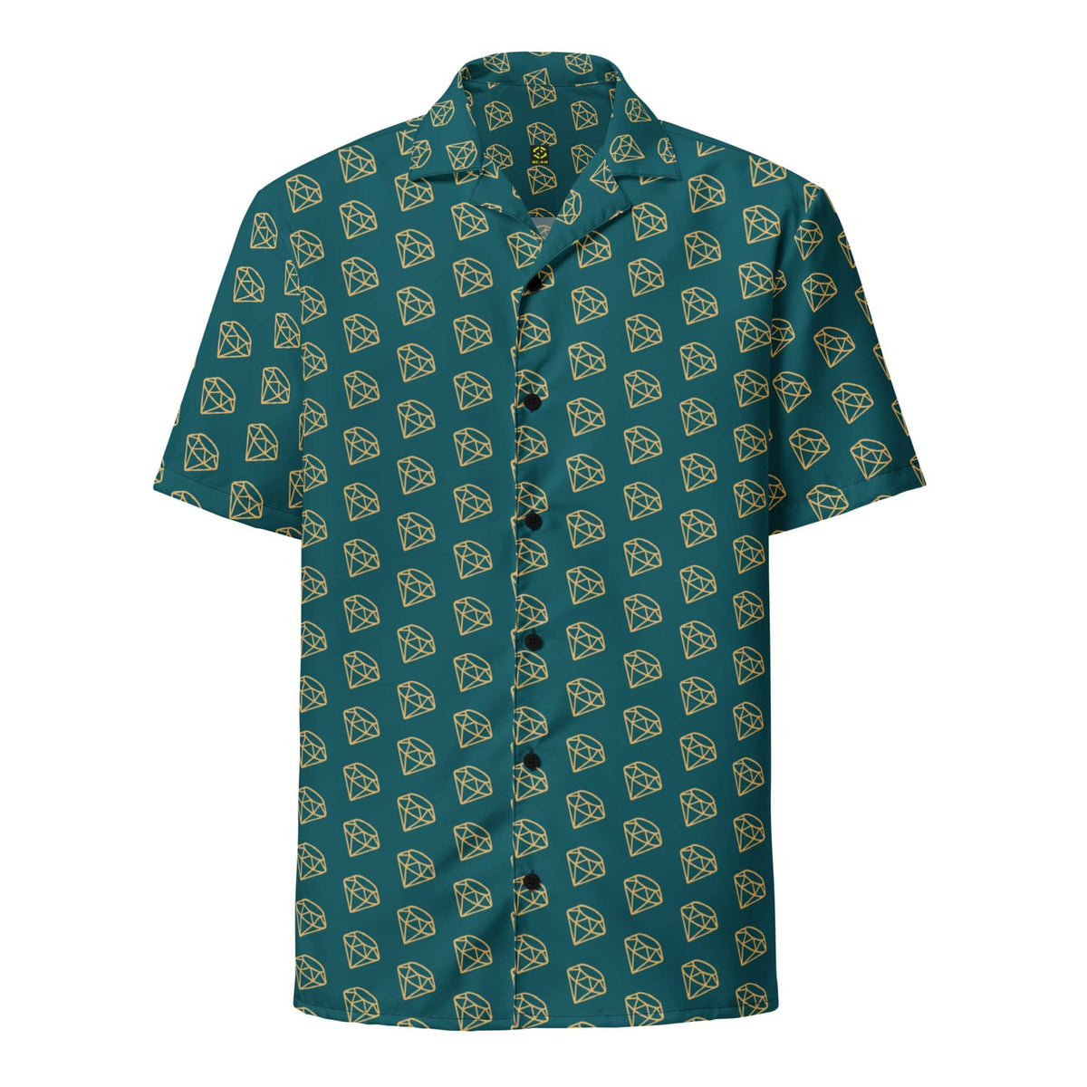 Unisex button-up shirt in dark teal with allover gold diamond pattern, short sleeves