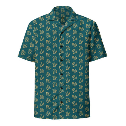 Unisex button-up shirt in dark teal with allover gold diamond pattern, short sleeves