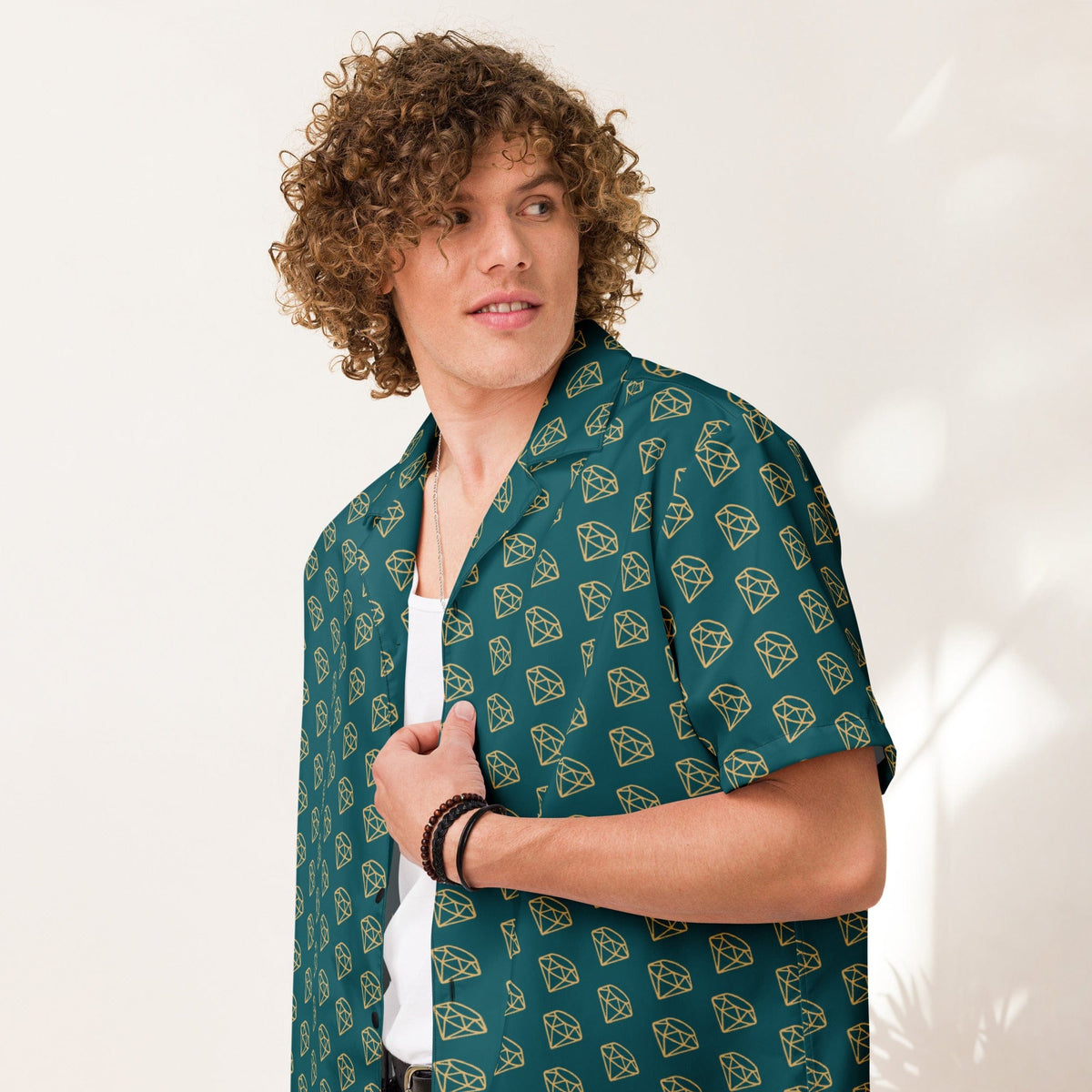 Unisex button-up shirt, dark teal with repeating gold diamond print and short sleeves