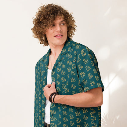 Unisex button-up shirt, dark teal with repeating gold diamond print and short sleeves
