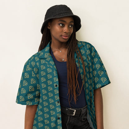 Unisex button-up shirt in dark teal with gold diamond print, short sleeves and front placket
