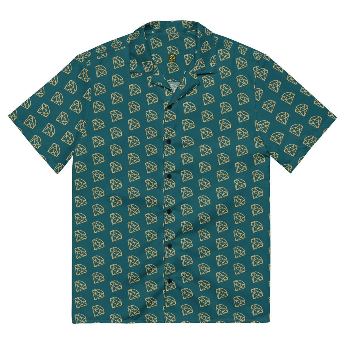 Unisex button-up shirt back view in dark teal with repeating gold diamond pattern, short sleeves