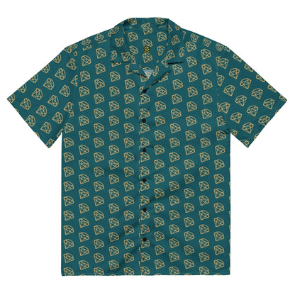 Unisex button-up shirt back view in dark teal with repeating gold diamond pattern, short sleeves