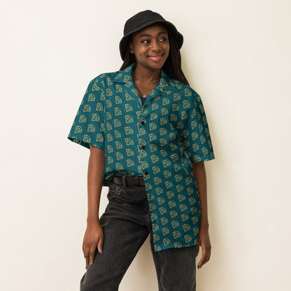 Unisex button-up shirt in dark teal with gold diamond print, short sleeves and open collar