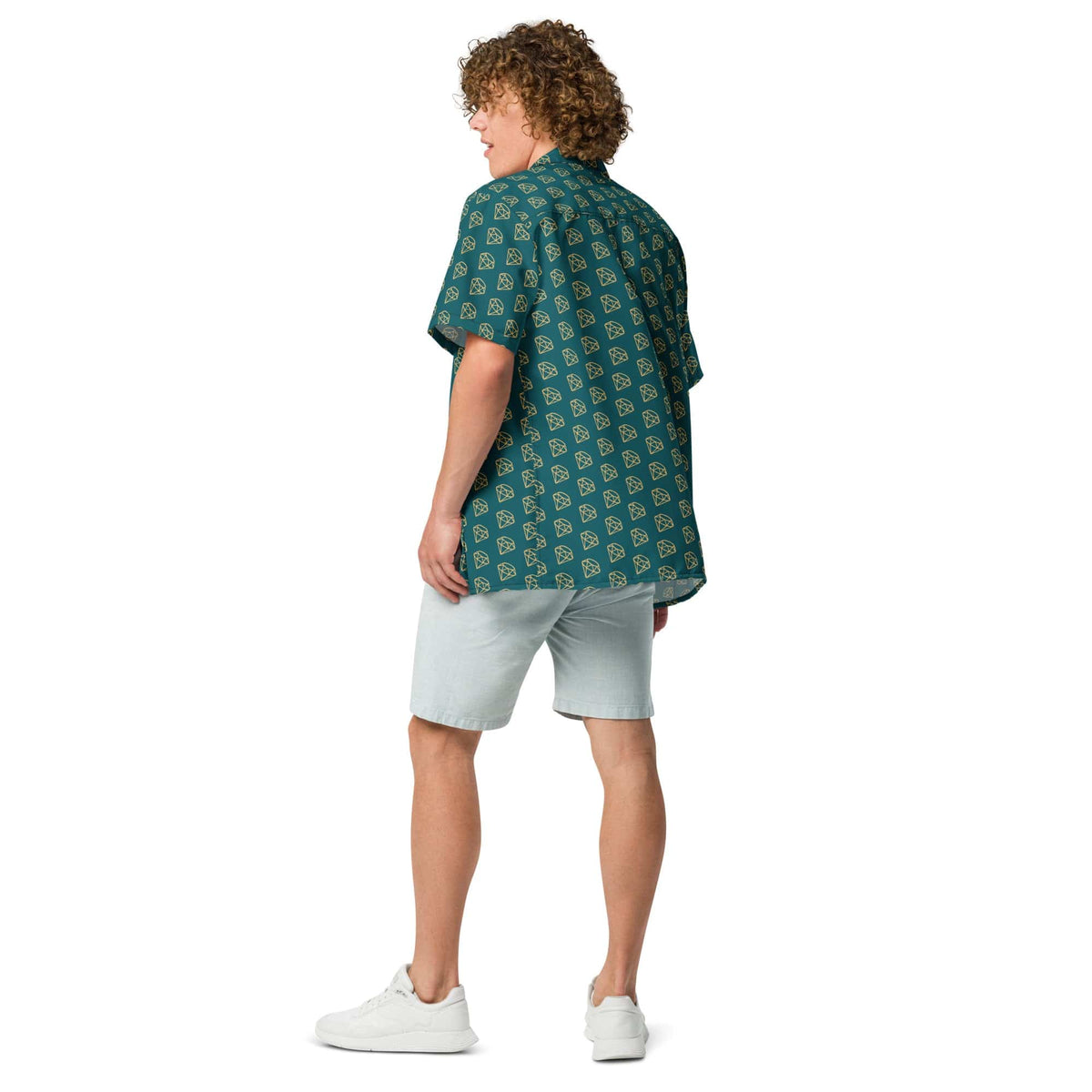 Unisex button-up shirt back view in dark teal with gold diamond pattern, short sleeves