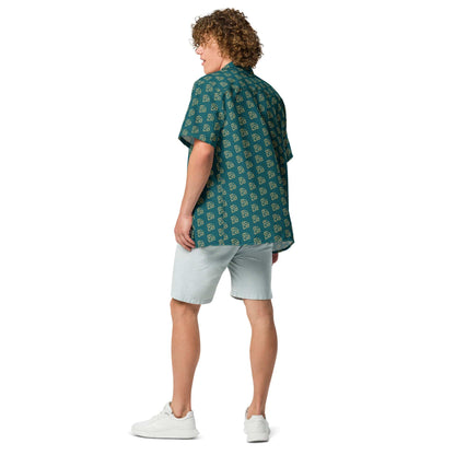 Unisex button-up shirt back view in dark teal with gold diamond pattern, short sleeves