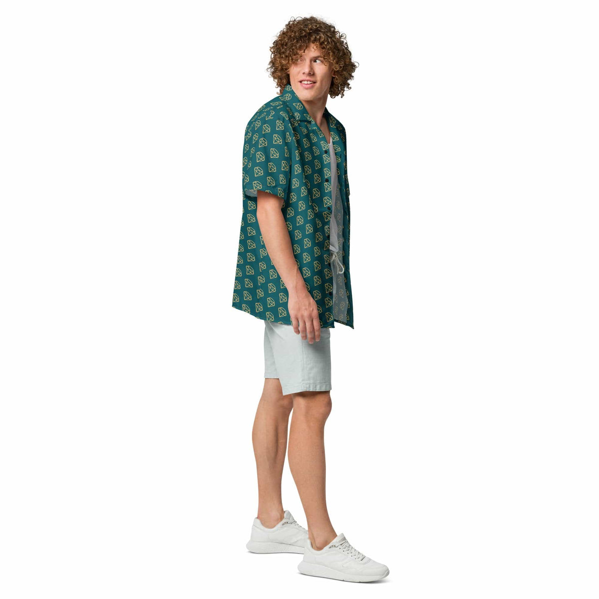 Unisex button-up shirt in dark teal with gold diamond print, short sleeves and open collar