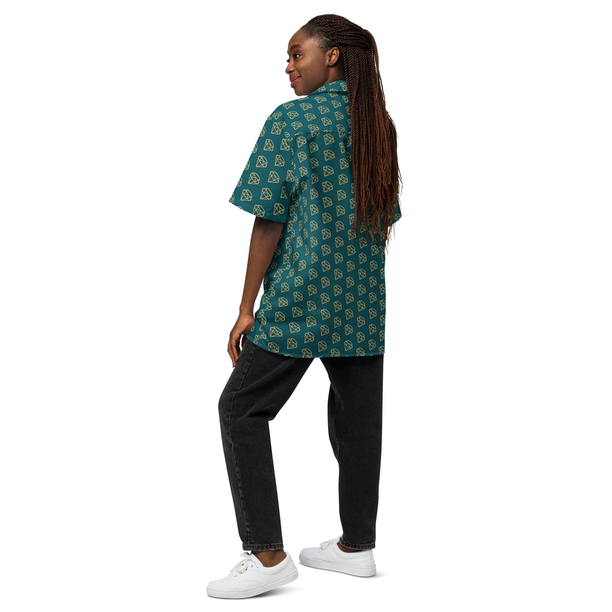 Unisex button-up shirt in dark teal with gold diamond pattern, short sleeves from the side