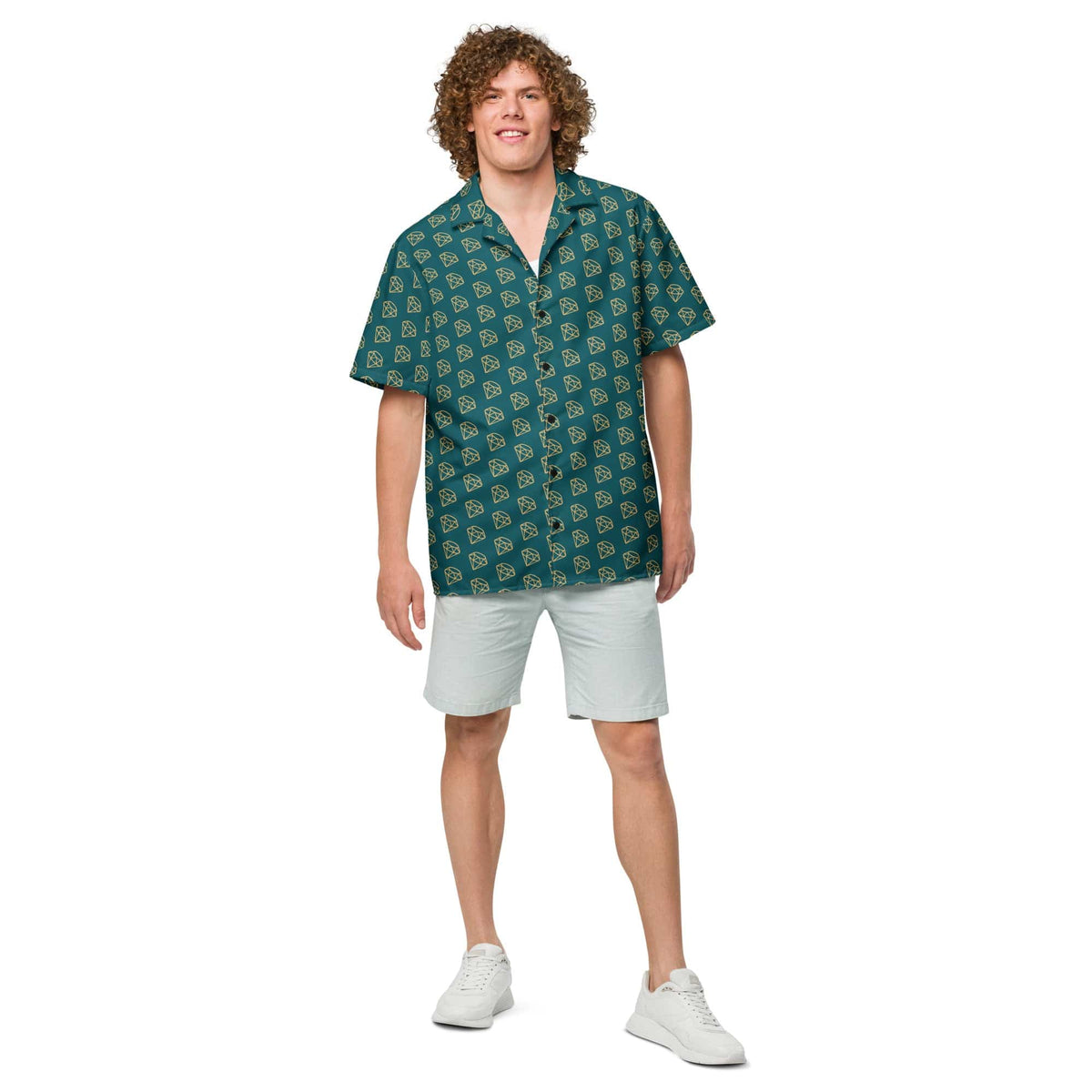 Teal unisex button-up shirt with repeating diamond pattern, short sleeves and collar