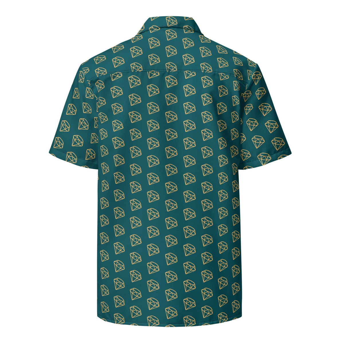 Back view teal unisex button-up shirt with repeating diamond pattern and short sleeves