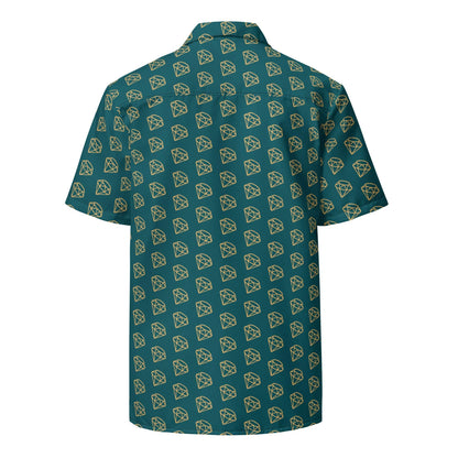 Back view teal unisex button-up shirt with repeating diamond pattern and short sleeves