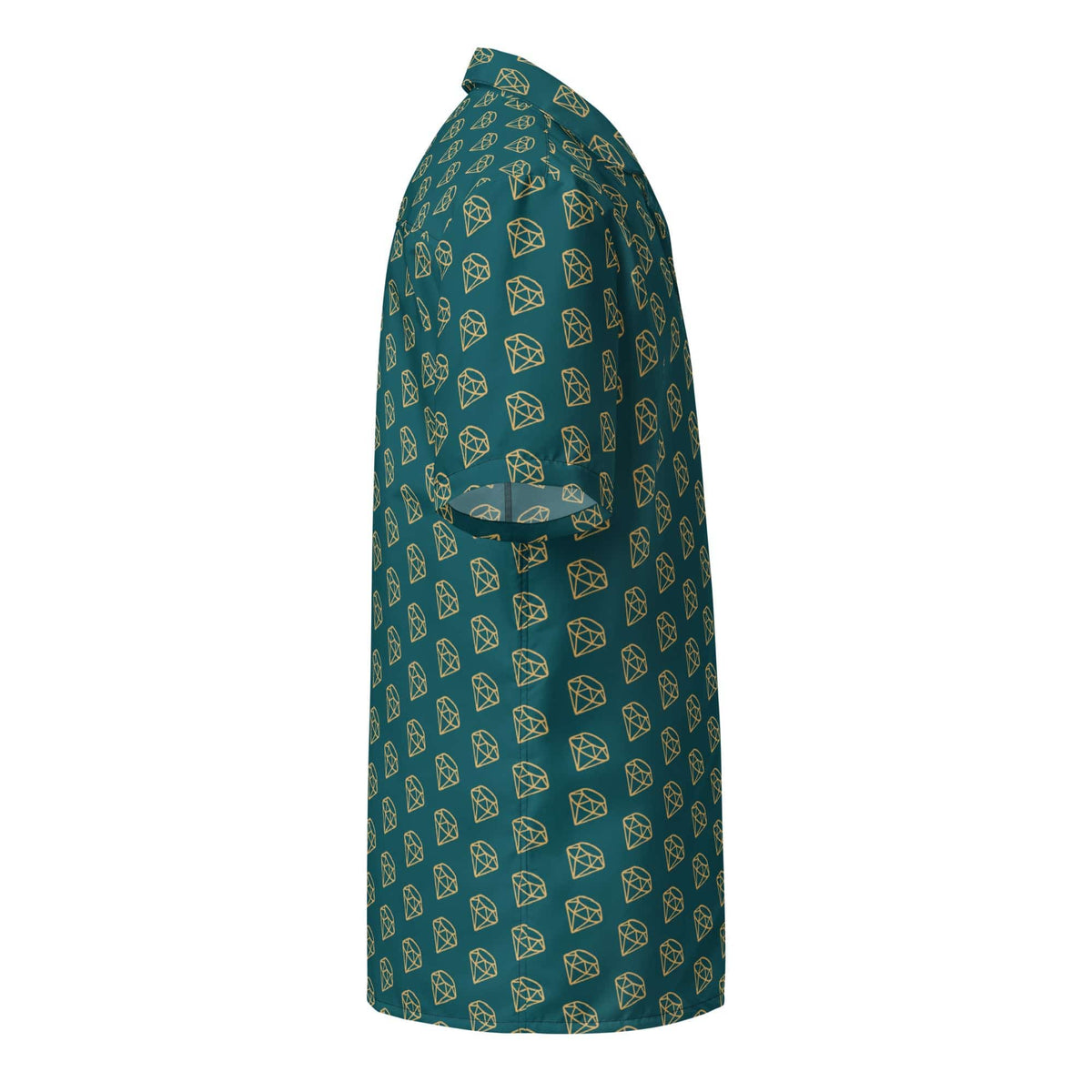 Side view teal unisex button-up shirt with repeating diamond pattern, short sleeves