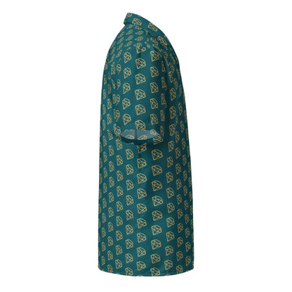 Side view teal unisex button-up shirt with repeating diamond pattern, short sleeves
