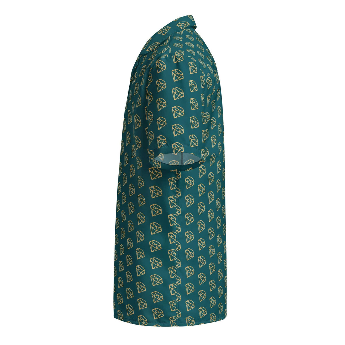Teal unisex button-up shirt with repeating diamond pattern, short sleeves and collar (side)