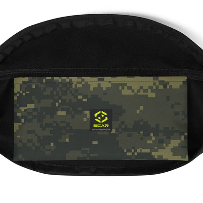 Camouflage fanny pack front panel with small yellow logo and zipper track
