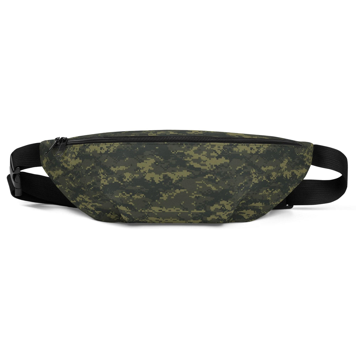Camouflage fanny pack with black zipper and adjustable belt strap