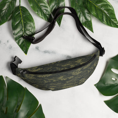 Camouflage fanny pack with black adjustable strap and front zip pocket