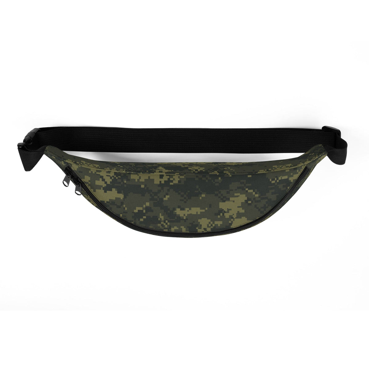 Camouflage belt bag with black adjustable strap and curved front profile
