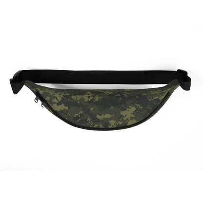 Camouflage belt bag with black adjustable strap and curved front profile