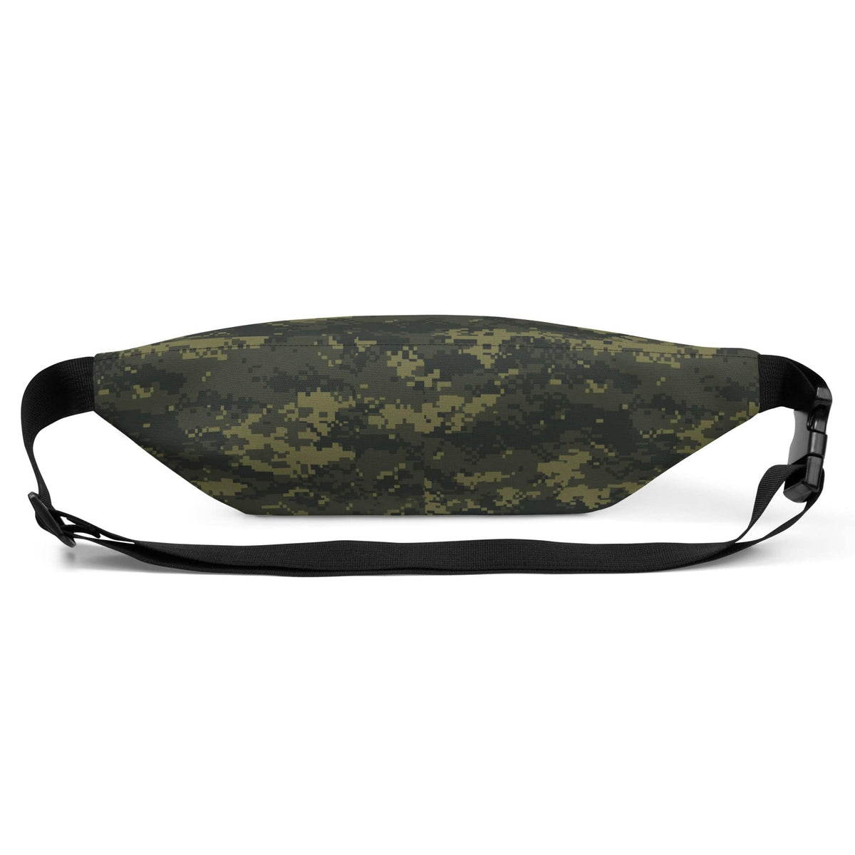 Digital camouflage fanny pack with olive center panel and black webbing strap