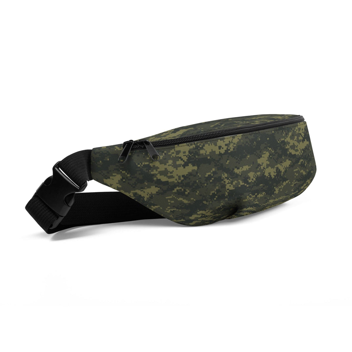 Camouflage fanny pack with black strap and top zip pocket