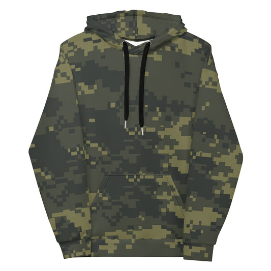 Unisex camo hoodie in dark green with black drawstrings and front kangaroo pocket