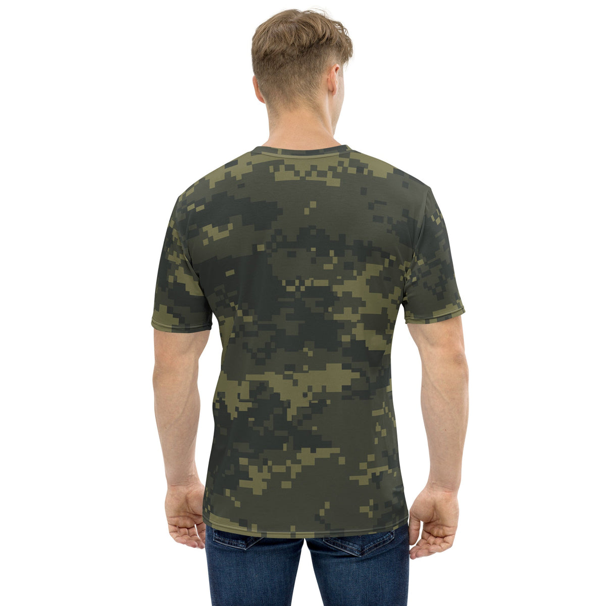 Back view of men's digital camo T-shirt, short sleeves and crew neck, dark olive pixels